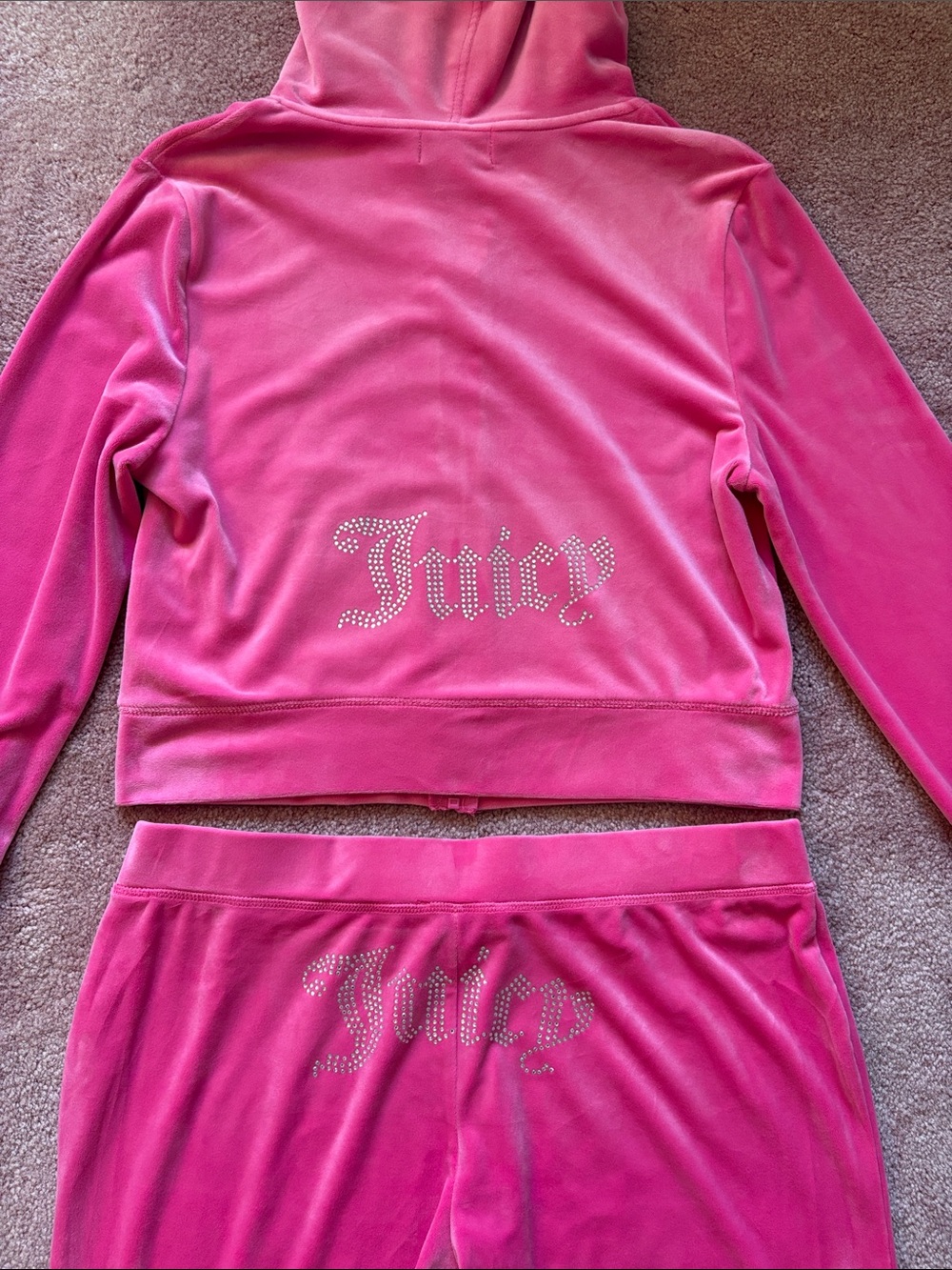Juicy Couture Hot Pink Velour Hoodie & Rhinestone Logo Track Pants Size Large